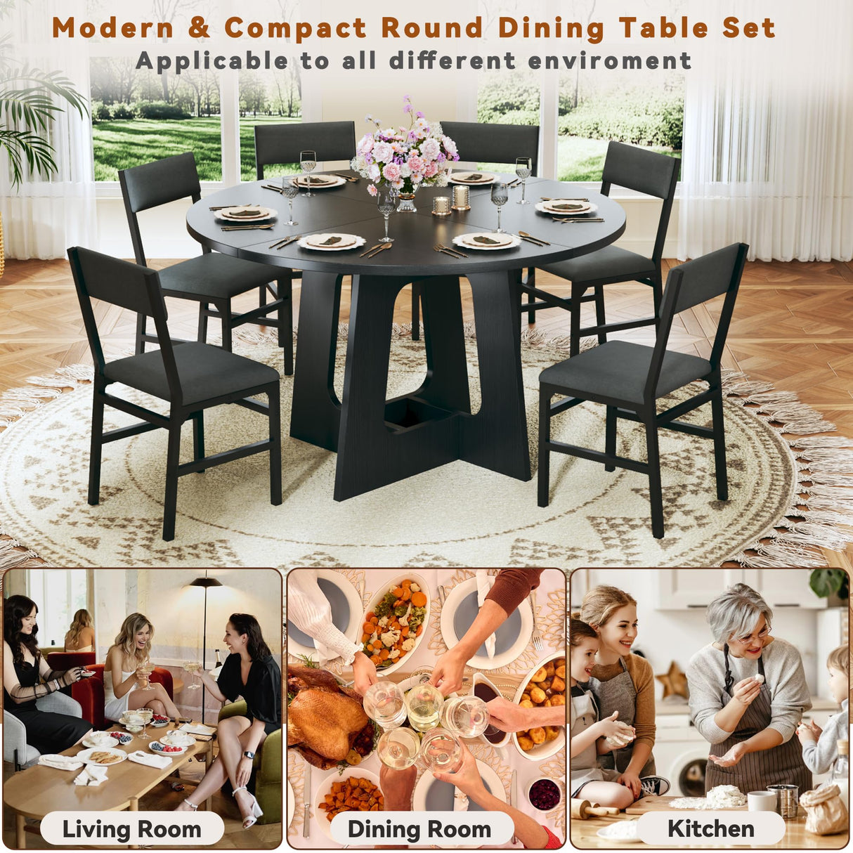 HUAHUU Round Dining Table Set for 6, 7-Piece Kitchen Table and Chairs for 6, 47'' Round Dining Room Table Set with 6 Chairs, Space Saving Dining Table with Wood Base for Kitchen, Living Room, Black HUAHUU