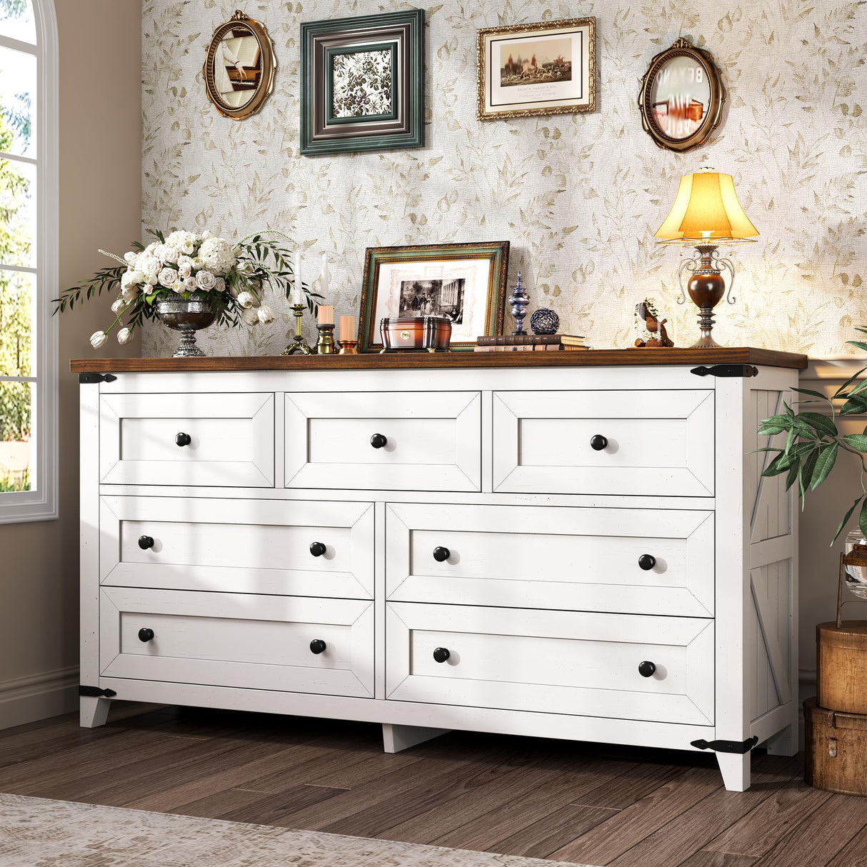 Romorgniz White Dresser, Farmhouse Dresser with Smooth Metal Rails, Wide Large Storage Drawers and TV Stand for Bedroom, Hallway Romorgniz