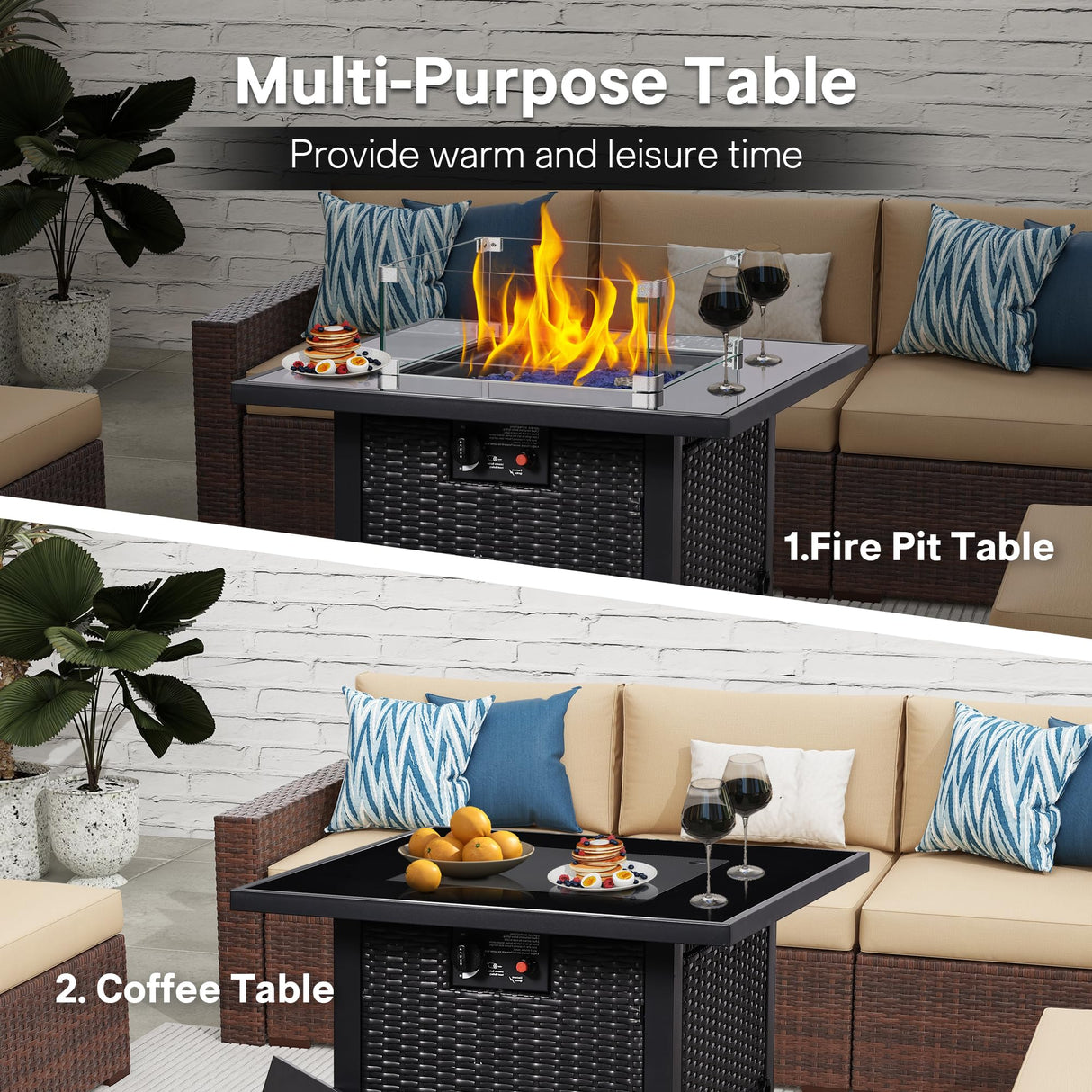 FHFO 5 Piece Outdoor Patio Furniture Set with 28”Gas Fire Pit Table & Ice Bucket Storage Box, Outdoor Wicker Rattan Patio Conversation Set for Outside, Poolside, Balcony, Porch, Yellow-Black FHFO