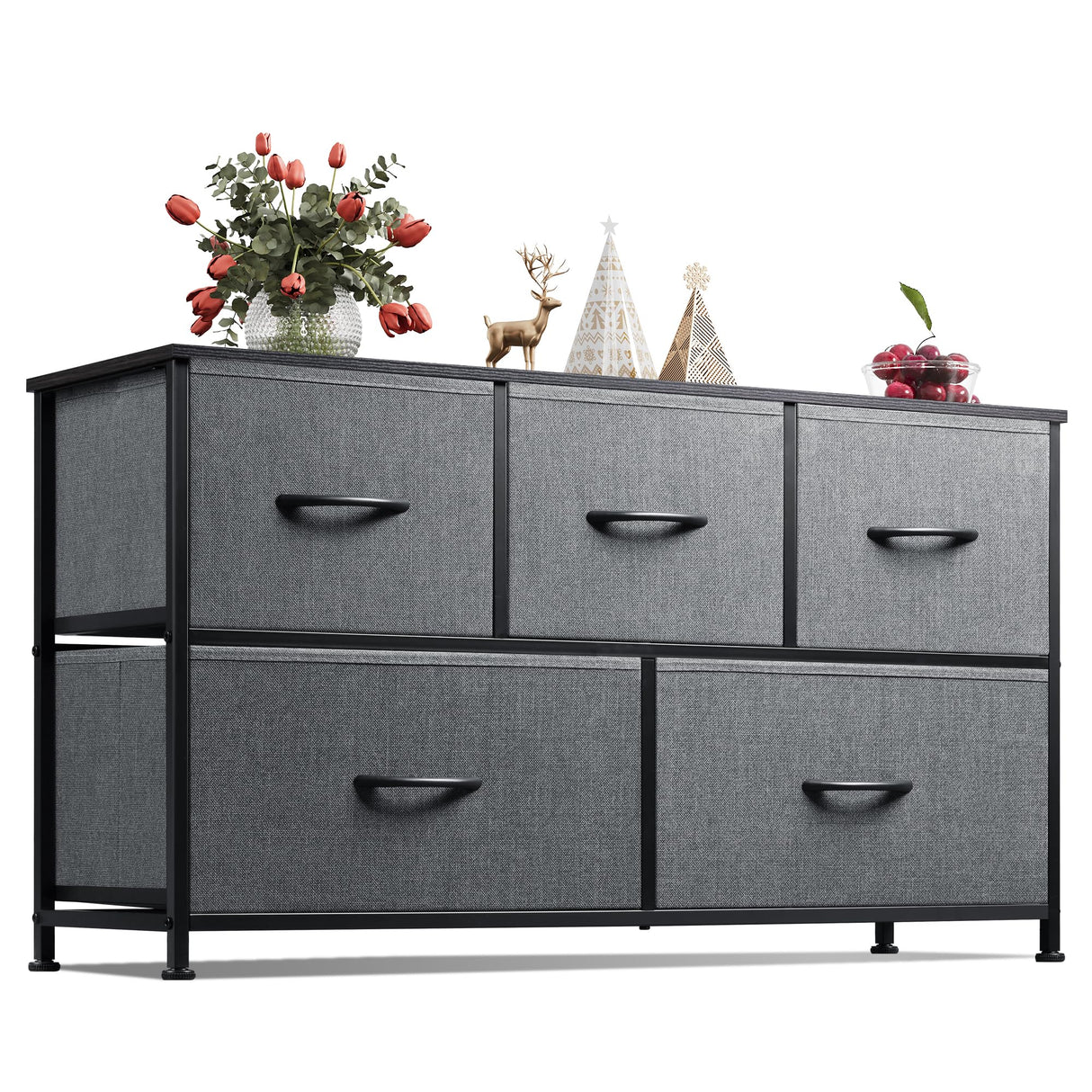 WLIVE Dresser for Bedroom with 5 Drawers, Wide Chest of Drawers, Fabric Dresser, Storage Organizer Unit with Fabric Bins for Closet, Living Room, Hallway, Dark Grey WLIVE