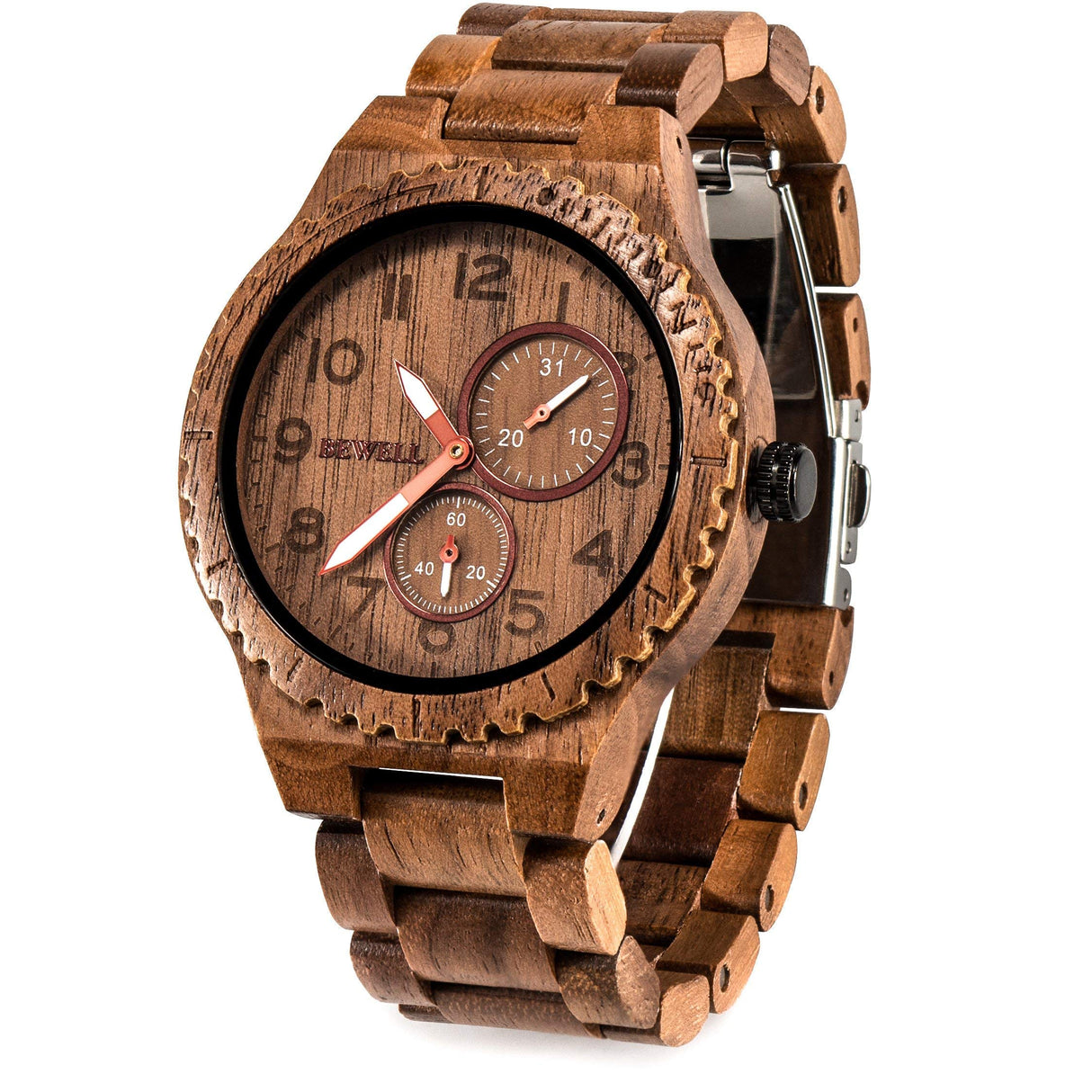 BEWELL Mens Wood Watch Quartz Analog Date Display Luminous Retro Handmade Wooden Wristwatch for Men (Walnut) BEWELL