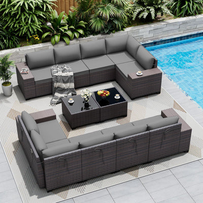 ASJMR Outdoor Patio Furniture Set, 12 Pieces Outdoor Sectional Furniture High Backrest Patio Sofa, All-Weather PE Rattan Patio Conversation Set with Coffee Table & Cushions(Grey).