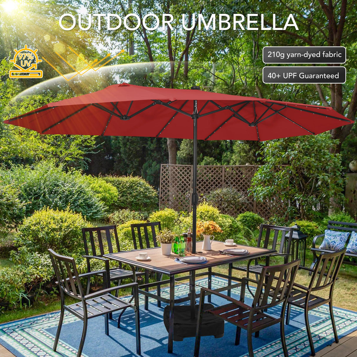 Sundale Outdoor 40LED 15ft Large Patio Umbrellas with Base Included and Umbrella Cover, Outdoor Double-Sided Umbrella with Solar Lights Red Sundale Outdoor