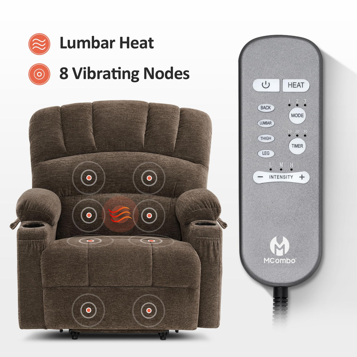 MCombo Large Power Lift Recliner Chair Sofa with Massage and Heat for Big Elderly People, USB Ports, Side Pockets, Fabric R7092 (Coffee, Large-Wide) MCombo