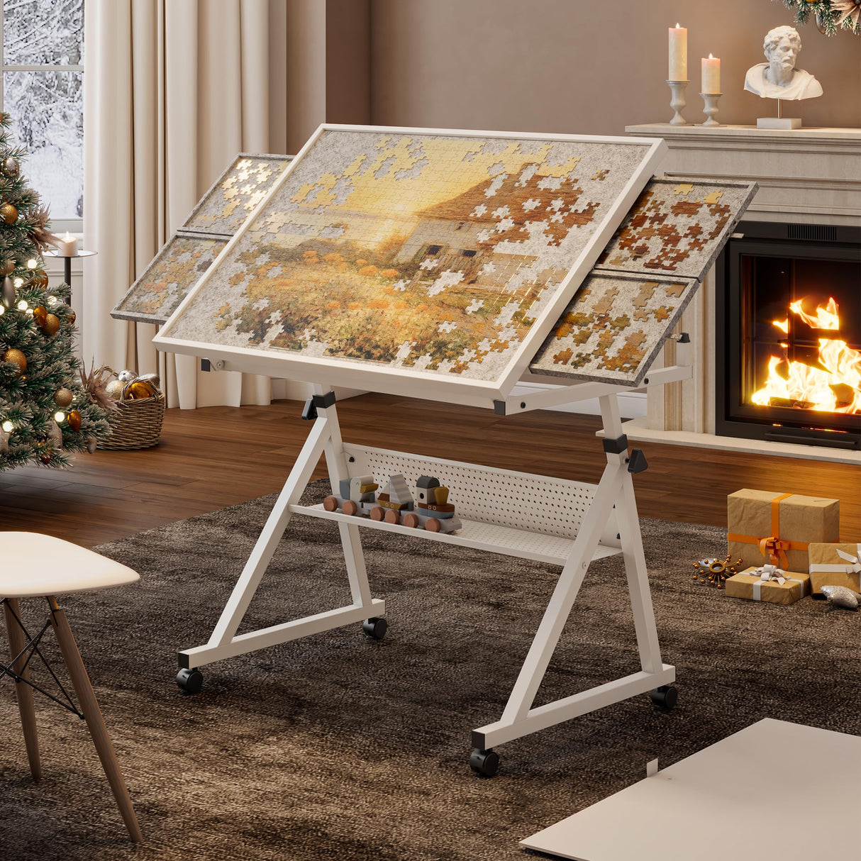 Qiaoxuan Jigsaw Puzzle Table with Legs, 1500 Piece Puzzle Board for Adults with 4 Drawers & Cover, 35"x26" Adjustable Portable Puzzles Table on Wheels Birthday Gift for mom Qiaoxuan