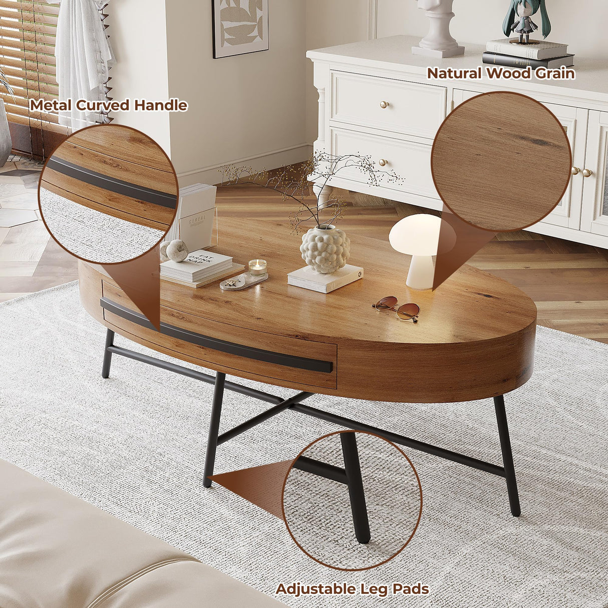 GarveeHome Oval Coffee Table with Drawer Mid-Century Modern Center Table 47.2" Wooden Coffee Table with Storage and Cross Metal Legs Unique Curved Design for Living Room GarveeHome
