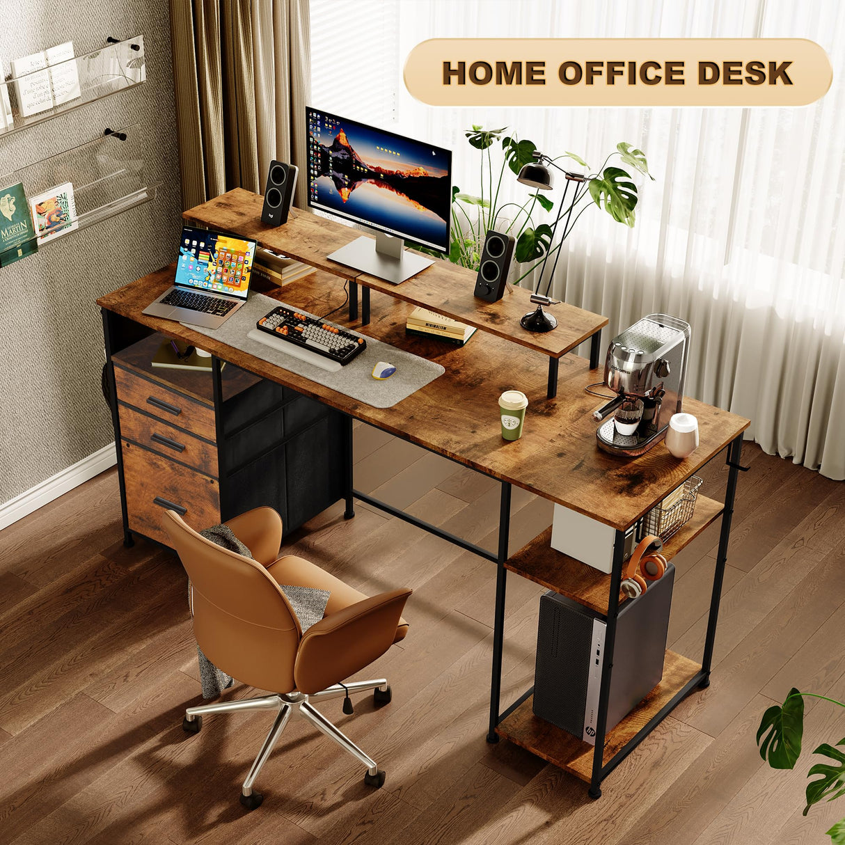 EKNKOZY Computer Desk with 3 File Cabinet Drawers, 57.8'' Reversible Gaming Desk, Office Desk with Storage Shelves and Dual Monitor Stand for Home & Office (Rustic Brown) EKNKOZY