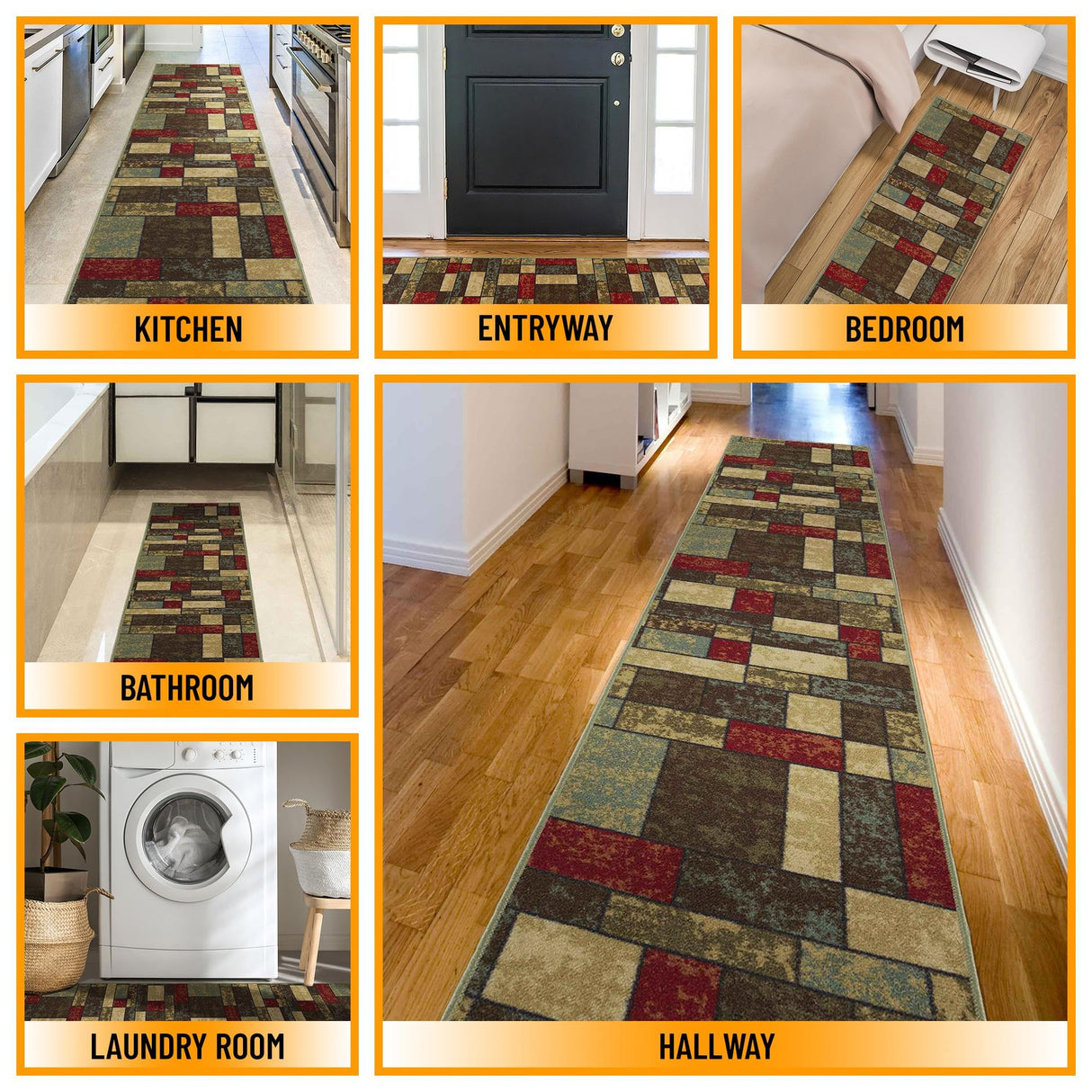 Machine Washable Boxes Design Non-Slip Rubberback 3x10 Traditional Runner Rug for Hallway, Kitchen, Bedroom, Living Room, 2'7" x 9'10", Boxes Multicolor Ottomanson