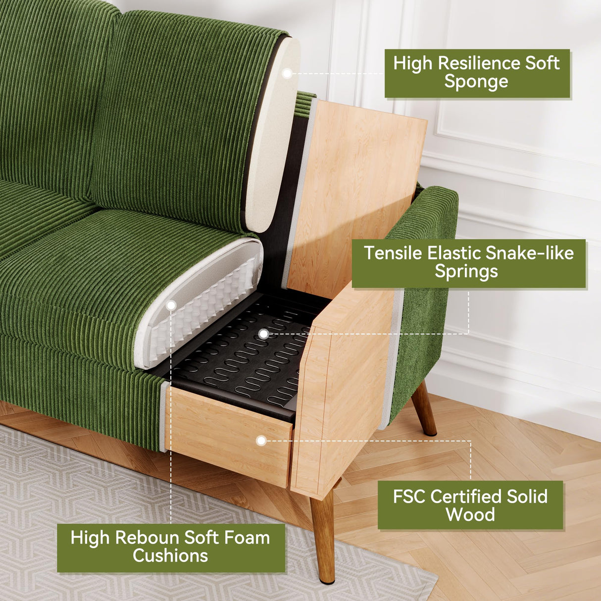 AMICLIBER 68" Loveseat Sofa, Comfy Green Corduroy Couches for Living Room, Mid Century Modern Love Seat Sofa, Tool-Free Setup Small Couches for Bedroom Office AMICLIBER