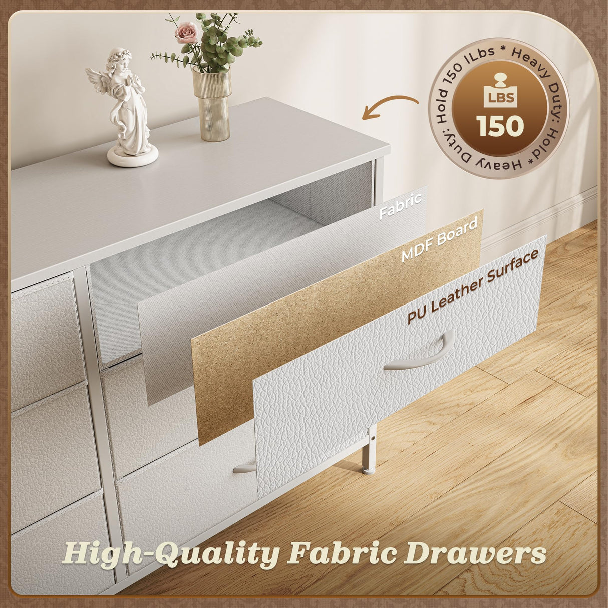 Huuger 70 Inch White Dresser for Bedroom, TV Stand for 65, 75, 80 Inch TV, 13 Fabric Drawer Long Dresser, Wide Chest of Drawer, Storage Units for Bedroom Huuger