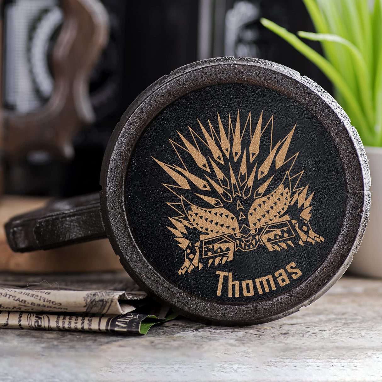 Ruiner Nergigante Beer Mug Monster Hunter Iceborne Wooden Beer Stein MHW Gamer Mug Gift Boyfriend Personalized Anniversary Christmas Birthday Gifts For Gamer Husband Beer Steins Beer Tankard 17oz K433 WoodWithMood