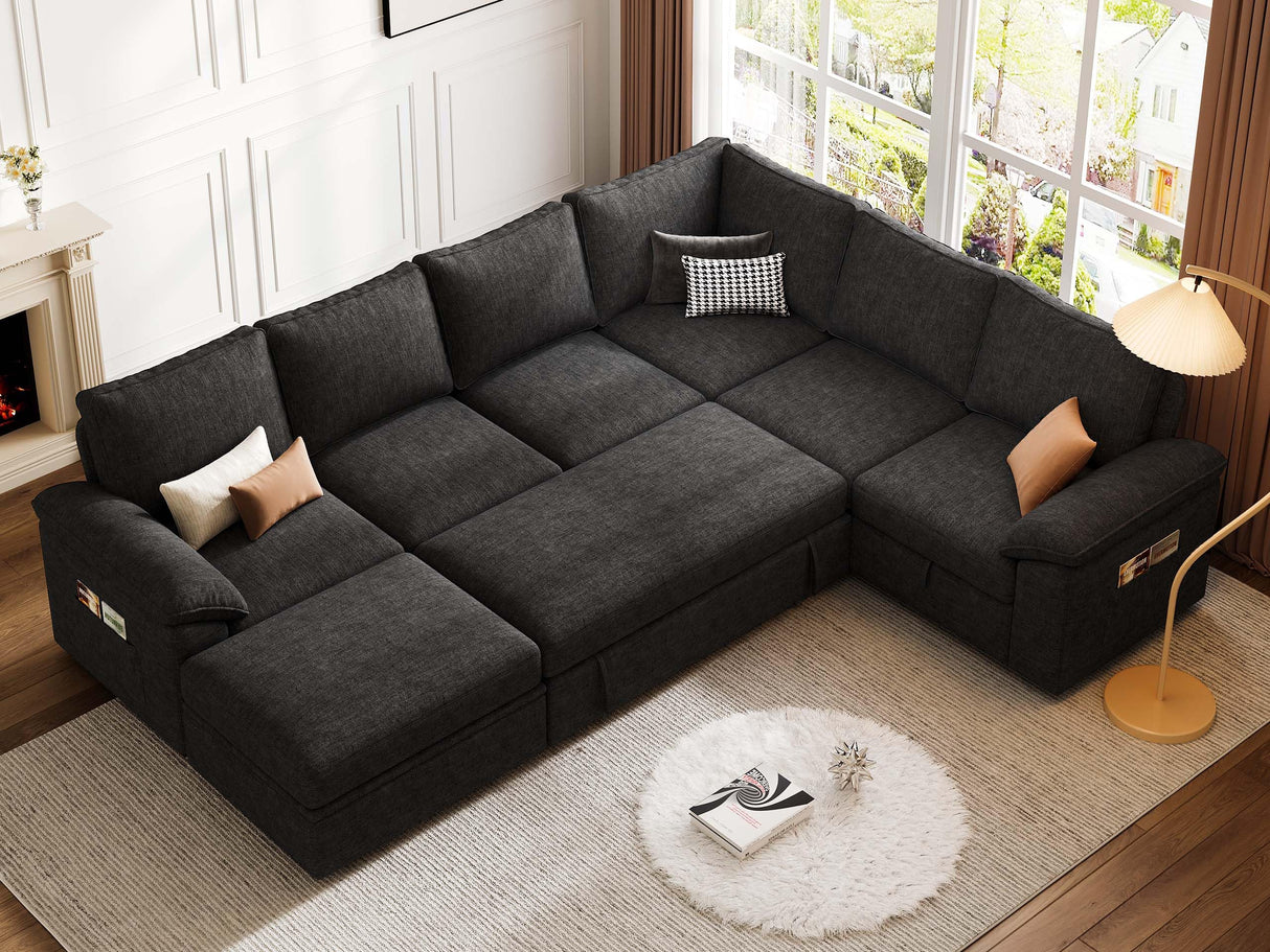 SUAWY 108 Inch Modular Sectional Sofa with Pull Out Bed, U Shaped 7 Seat Sectional Sleeper Sofa with Storage, Sectional Couches for Living Room,Cloud Modular Couch, Removable Sofa Cover, Black SUAWY