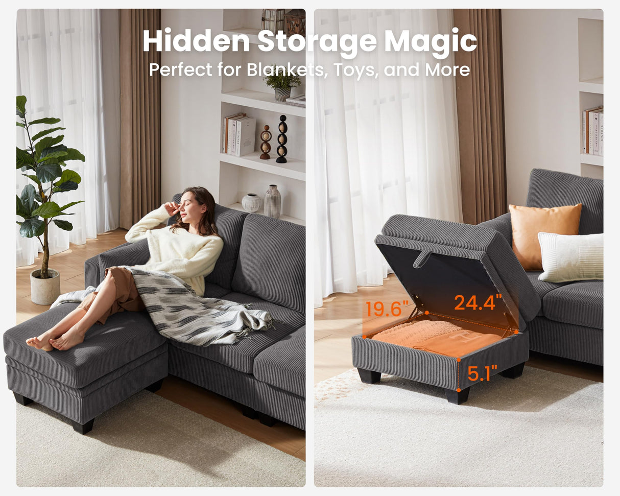 CHIC HOUSE Modular Sectional Couch| Corduroy L Shaped Sleeper Sofa, U-Shape Sofa Bed Convertible Chaise with Storage Ottoman for Living Room Modern Furniture (Dark Grey, 6 Seater L-Shaped) CHIC HOUSE