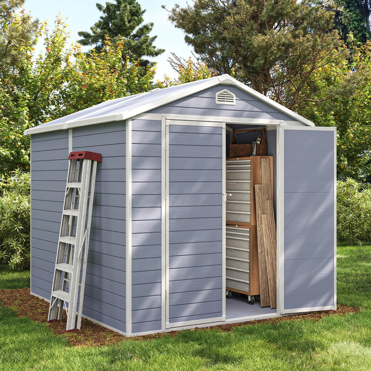 Aoxun 8 x 6 FT Outdoor Storage Shed with Window, Resin Shed with Floor & Lockable Doors, Garden Shed Waterproof Plastic Tool Shed with Sloped Roof for Backyard, Garden, Patio, Lawn, Grey Aoxun