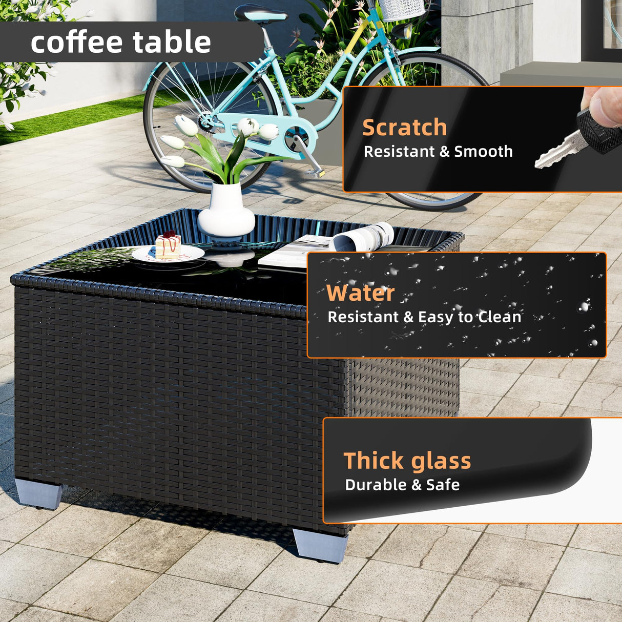 8-Piece Outdoor Patio Sectional Sofa Set with Fire Pit Table – PE Wicker Rattan Modular Conversation Furniture, Cushions & Clips Included – Patio Couch for Porch, Backyard, Poolside, Garden ELEGIBLISS