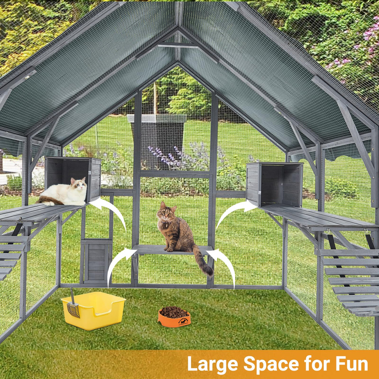 Grvee Cat Run Large Cat Enclosure Wooden Cat Catio Outdoor Kitty House with Bridges, Walks, Small Houses, Roof Cover 110 Inch Garvee