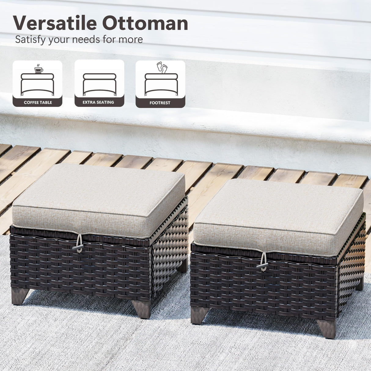 MaxMulti Patio Ottomans Set of 2, Outdoor Wicker Footrest with Thickened Cushions, Outdoor Rattan Ottoman for Porch, Backyard and Deck (Beige) MaxMulti