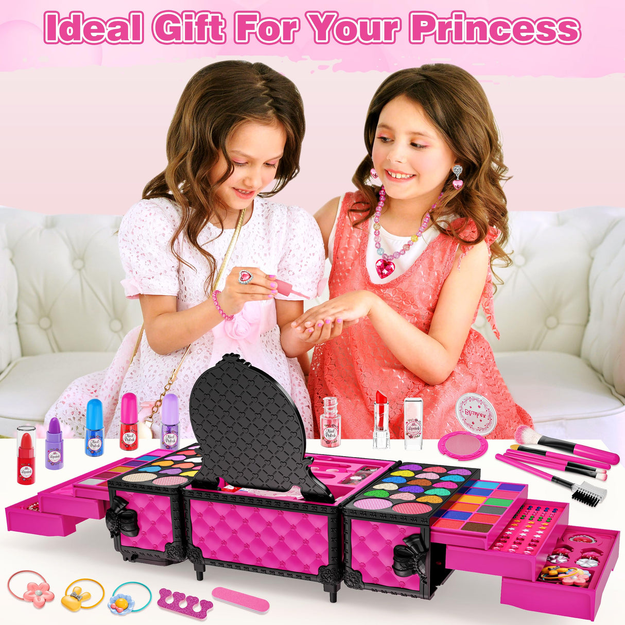 99 Pcs Kids Makeup Kit for Girls, Princess Toys Real Washable Cosmetics Set with Mirror, Hair Ties, Nails, Rings, Earrings, Necklace, Perfect for 3 4 5 6 7 8 Year Old Girls Birthday Kuovei