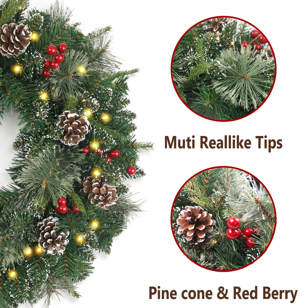 Christmas Wreath Snowy Pre-lit 24 inch with 50 Light & Pine Cone, Artificial Christmas Wreaths for Front Door with Lights, Wreath for Christmas Decoration Door Windows Wall Green HomeKaren