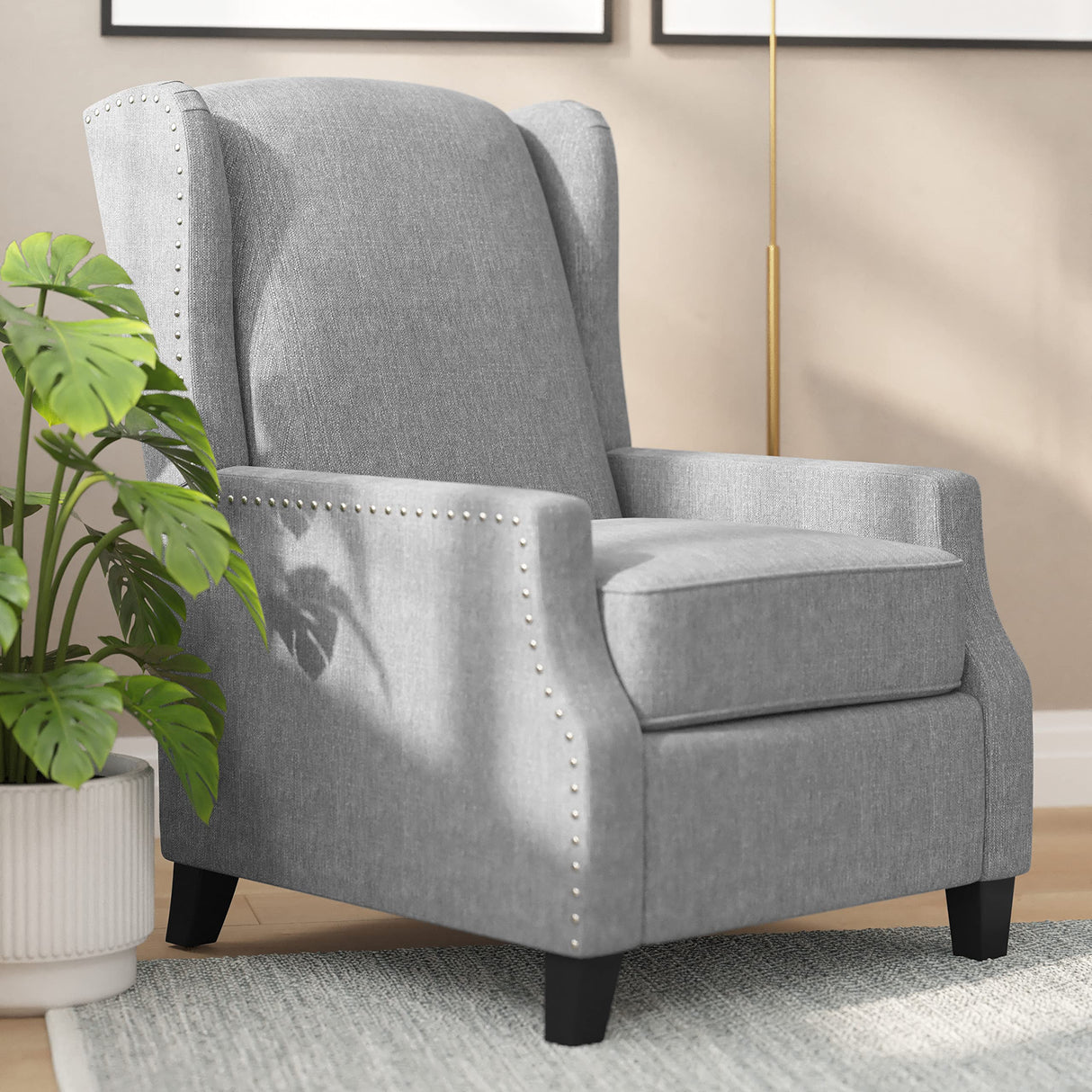 Taylor & Logan Maxfield Traditional Gray Fabric Upholstered Slim Wingback Recliner with Accent Nail Trim and Push Back Recline Taylor & Logan