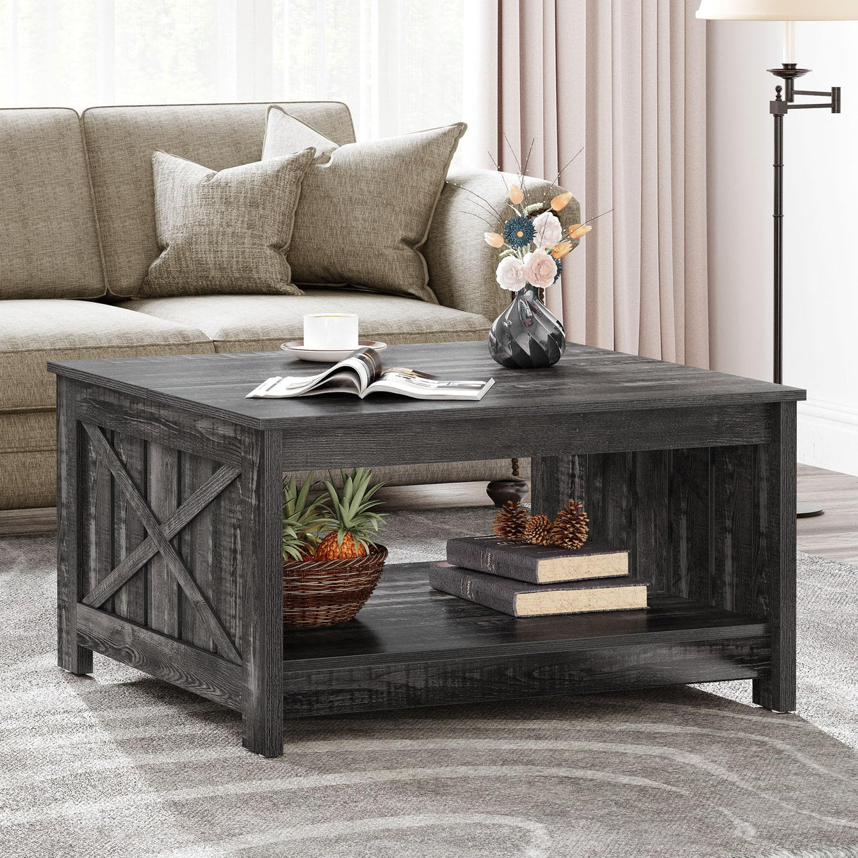 YITAHOME Coffee Tables Farmhouse Coffee Table with Storage Rustic Wood Cocktail Table,Square Coffee Table for Living Meeting Room with Half Open Storage Compartment,Dark Rustic Oak YITAHOME