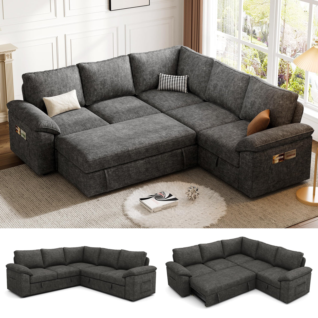 SUAWY 85 Inch Modular Sectional Sofa with Pull Out Bed,L Shaped 5 Seat Sectional Sleeper Sofa with Storage,Sectional Couches for Living Room,Cloud Modular Couch,Removable Sofa Cover,Dark Grey SUAWY