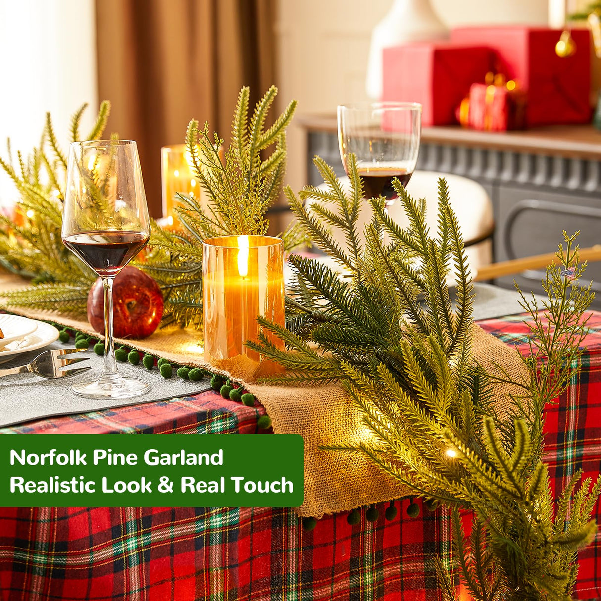 EXKRAEFT Christmas Pine Garland with Lights for Decorations 9FT Artificial Norfolk Pine Garland Realistic, Prelit Garland Lighted Christmas Garland for Mantle Christmas Garland Battery Operated EXKRAEFT