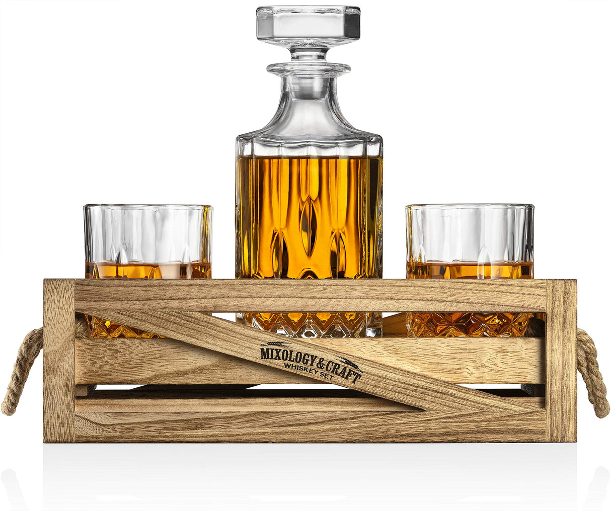 Mixology & Craft Whiskey Stones Set - Decanter, Whiskey Glasses & Wood Stand with 6 Granite Chilling Stones and 10oz Glasses - Whiskey Decanter Set for Men, Dad, Husband, Boyfriend Mixology & Craft