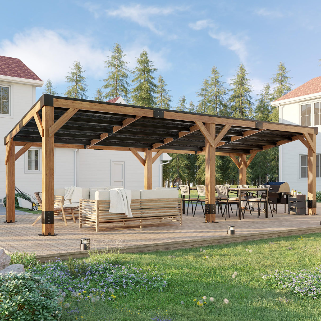 AMERLIFE 10 x 20 FT Solid Wood Gazebo with Metal Hardtop, Large Outdoor Grill Canopy with Sloped Roof, Heavy Duty Pergola for Patio, Backyard, Garden, Natural Spruce AMERLIFE