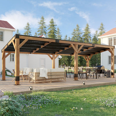 AMERLIFE 10 x 20 FT Solid Wood Gazebo with Metal Hardtop, Large Outdoor Grill Canopy with Sloped Roof, Heavy Duty Pergola for Patio, Backyard, Garden, Natural Spruce