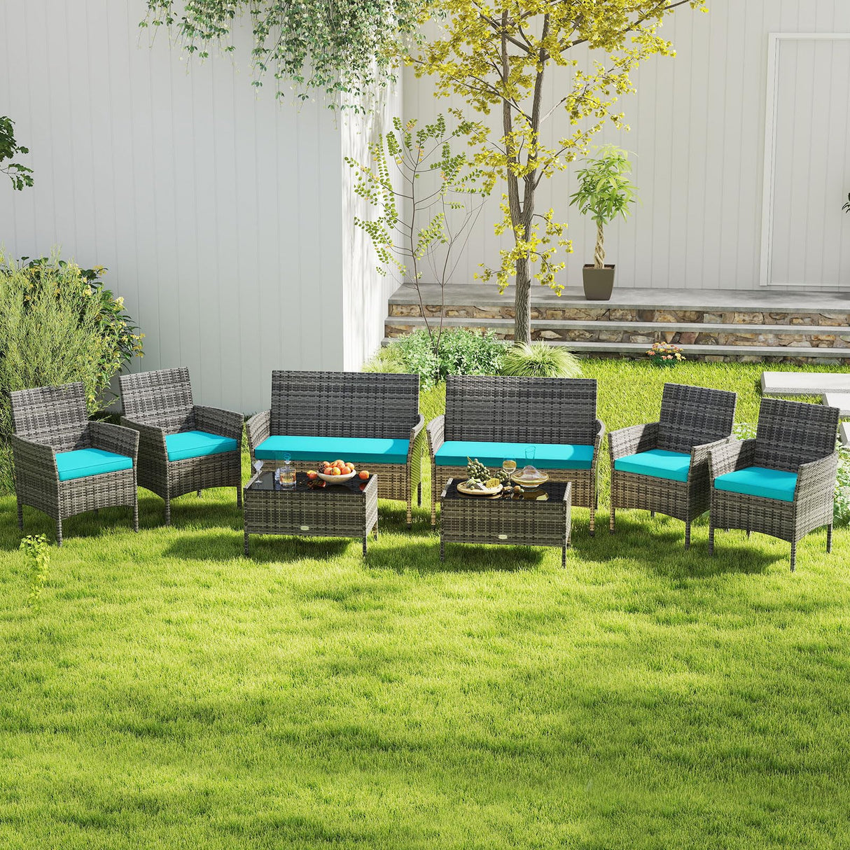 Tangkula 8 Pieces Patio Rattan Conversation Set, Outdoor Wicker Furniture Set with Cushioned Chair, Loveseat & Tempered Glass Table, Outside Sectional Sofa Set for Backyard (G-Turquoise,2) Tangkula