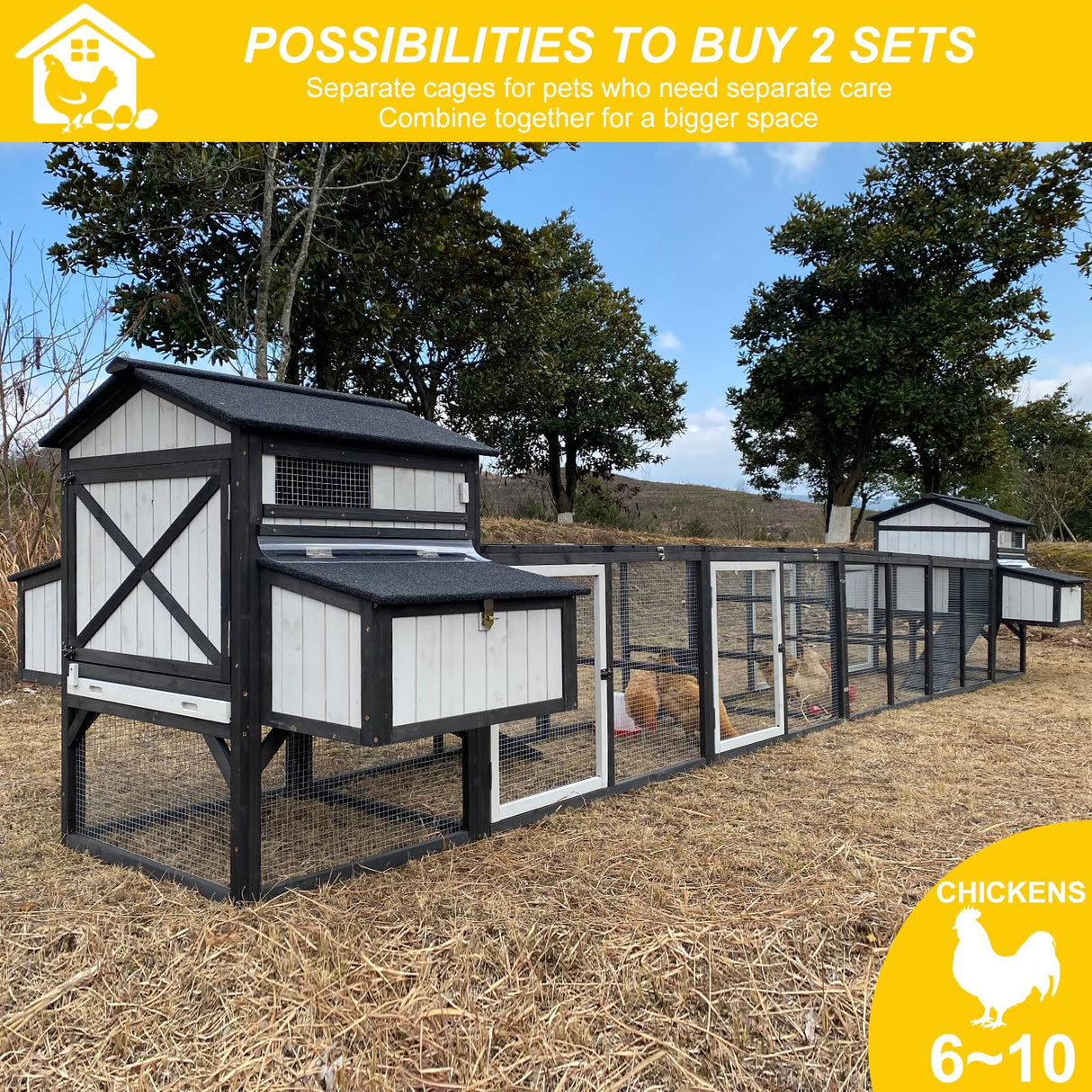 Ketive 116" Large Chicken Coop with Run, Outdoor Wooden Hen House for 3-5 Chickens, Poultry Cage with Nesting Boxes, 4 Perches, Leakproof Pull-Out Tray, Ramp, and Expandable Design for Small Animals ketive