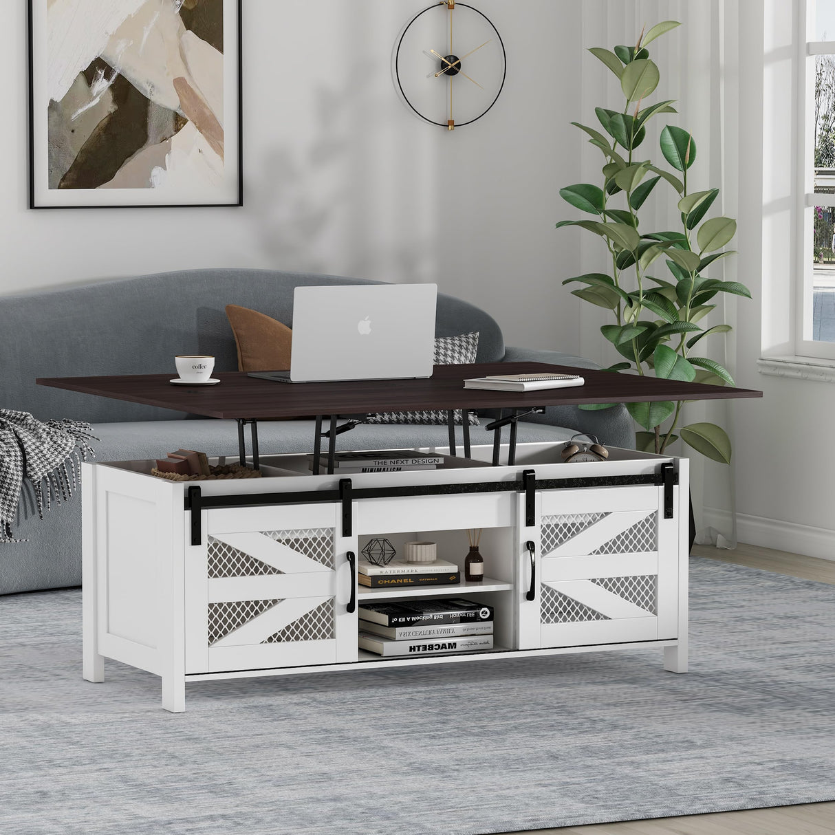 wanan 47.2" Lift Top Coffee Table, 4 in 1 Farmhouse Coffee Table with Sliding Barn Doors, Coffee Tables for Living Room, Dining Room (White) wanan