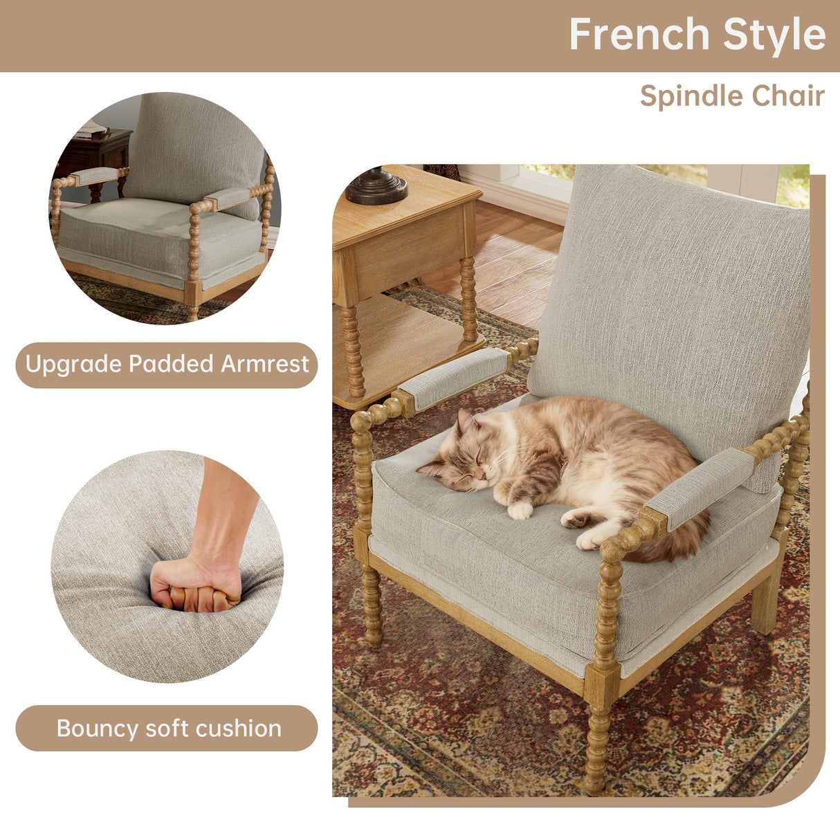 Morden Fort Linen Fabric Spindle Accent Chair with Wood Frame, French Style Accent Chairs with Padded Spring Seat and Armrest Pads, Brushed Base for Living Room Bedroom Farmhouse Office Balcony(Beige) Morden Fort