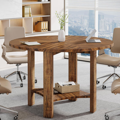 Tribesigns 4FT Round Conference Table for 4, 47-Inch Office Meeting Table with Storage Shelf and Large Tabletop, Mid-Century Modern Seminar Boardroom Desk for Office Conference Room, Walnut