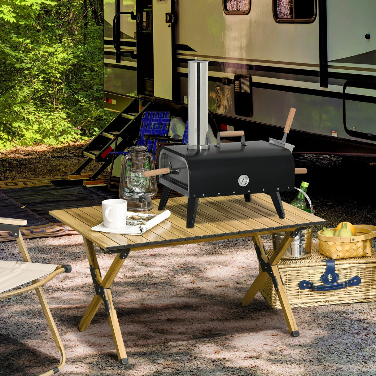 Outsunny Outdoor Pizza Oven with 12" Stone, Peel and Cover, Portable Pellet Wood Fired Pizza Maker with Foldable Legs, Stainless Steel Pizza Grill for Outside, Backyard, Outdoor Kitchen Outsunny