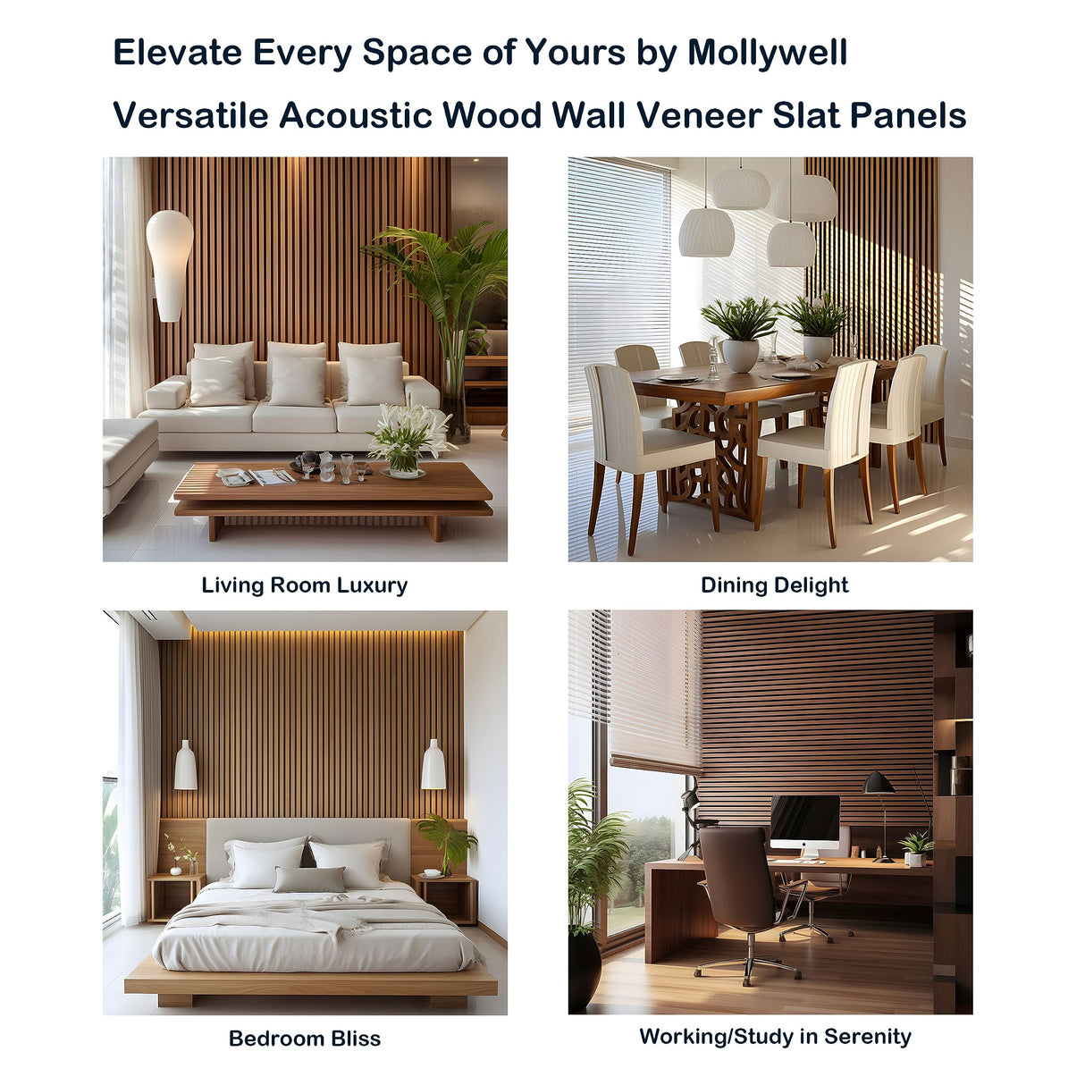 Mollywell Wood Panels for Wall, Time-Saving Installation, Versatile Wood Slat Wall Decor, Enhanced Acoustic & Sound Proof Fluted Design for Home and Office, 2 Pcs Dark Walnut, 47.2×23.6 Inch Mollywell