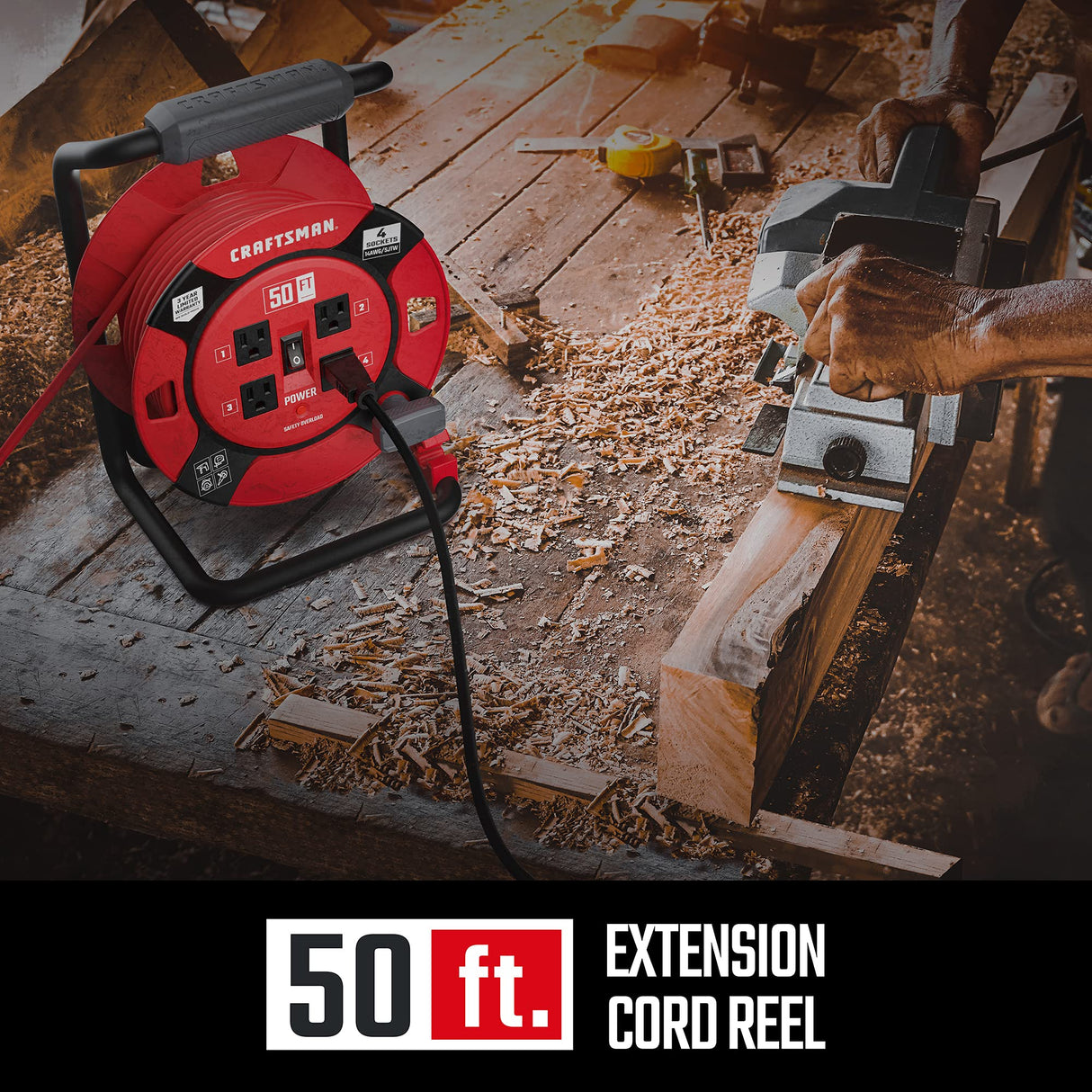 CRAFTSMAN Retractable Extension Cord Reel 50 Ft. With 4 Outlets & Heavy Duty 14AWG SJTW Cable CRAFTSMAN