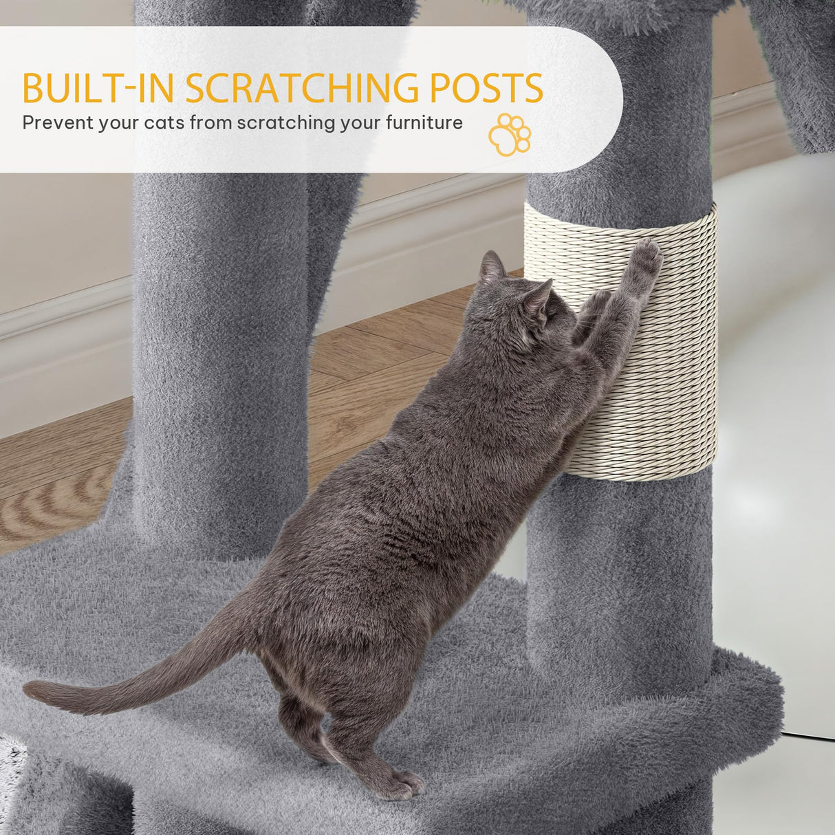 Meowloday 74" Cat Tree for Self-Cleaning Litter Box, Tall Cat Tree Tower with Scratching Posts Condos Hammocks Dangling Balls, Kittens Tower Furniture for Large Automatic Litter Box, Grey Meowloday
