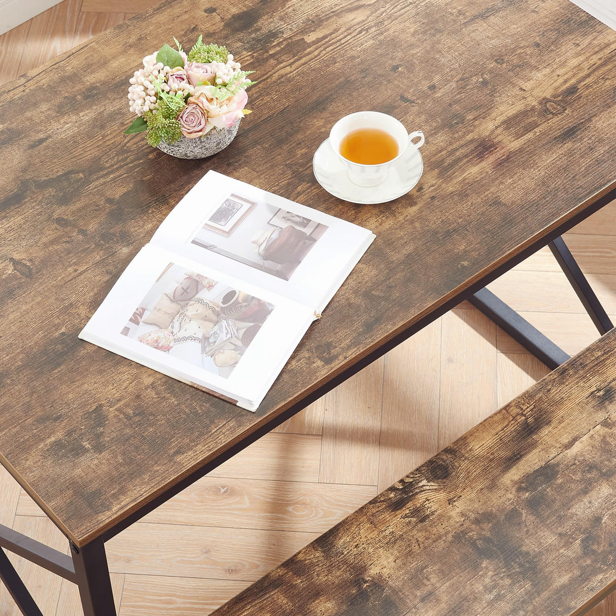 VECELO Kitchen Table with 2 Benches for 4, Wood Dining Room Dinette Sets with Metal Frame for Breakfast Nook and Small Space, Brown VECELO