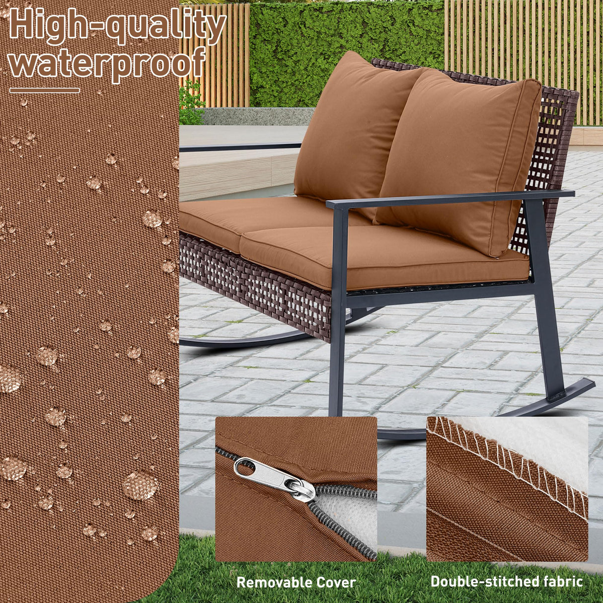GDY Outdoor Wicker Loveseat Rocking Chair, Patio Outdoor Furniture Conversation Sets, Rattan Rocker Chair with Cushions, Modern Cozy Rocking Wicker Furniture for Garden, Porch, Poolside & Deck, Brown. GDY