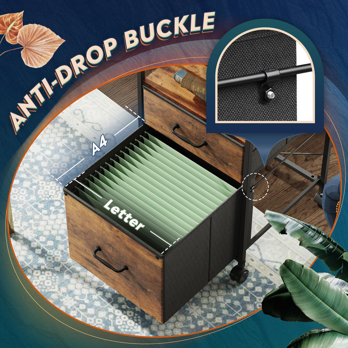 DEVAISE 2 Drawer Mobile File Cabinet, Rolling Printer Stand with Open Storage Shelf, Fabric Vertical Filing Cabinet fits A4 or Letter Size for Home Office, Rustic Brown Wood Grain Print DEVAISE