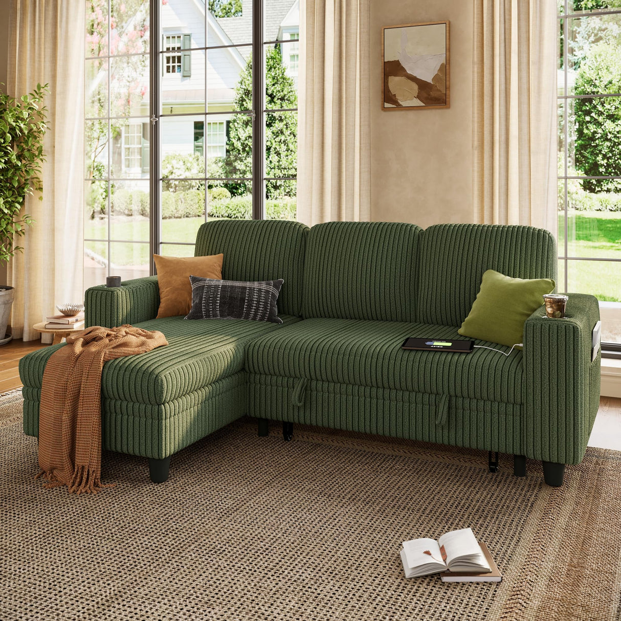 LINSY HOME Pull Out Sofa Bed Sectional Sleeper Sofa with Storage, Plush Corduroy Pullout Modular Sectional Couches for Living Room, L Shaped Convertible Couch Bed for Apartment (Green) LINSY HOME