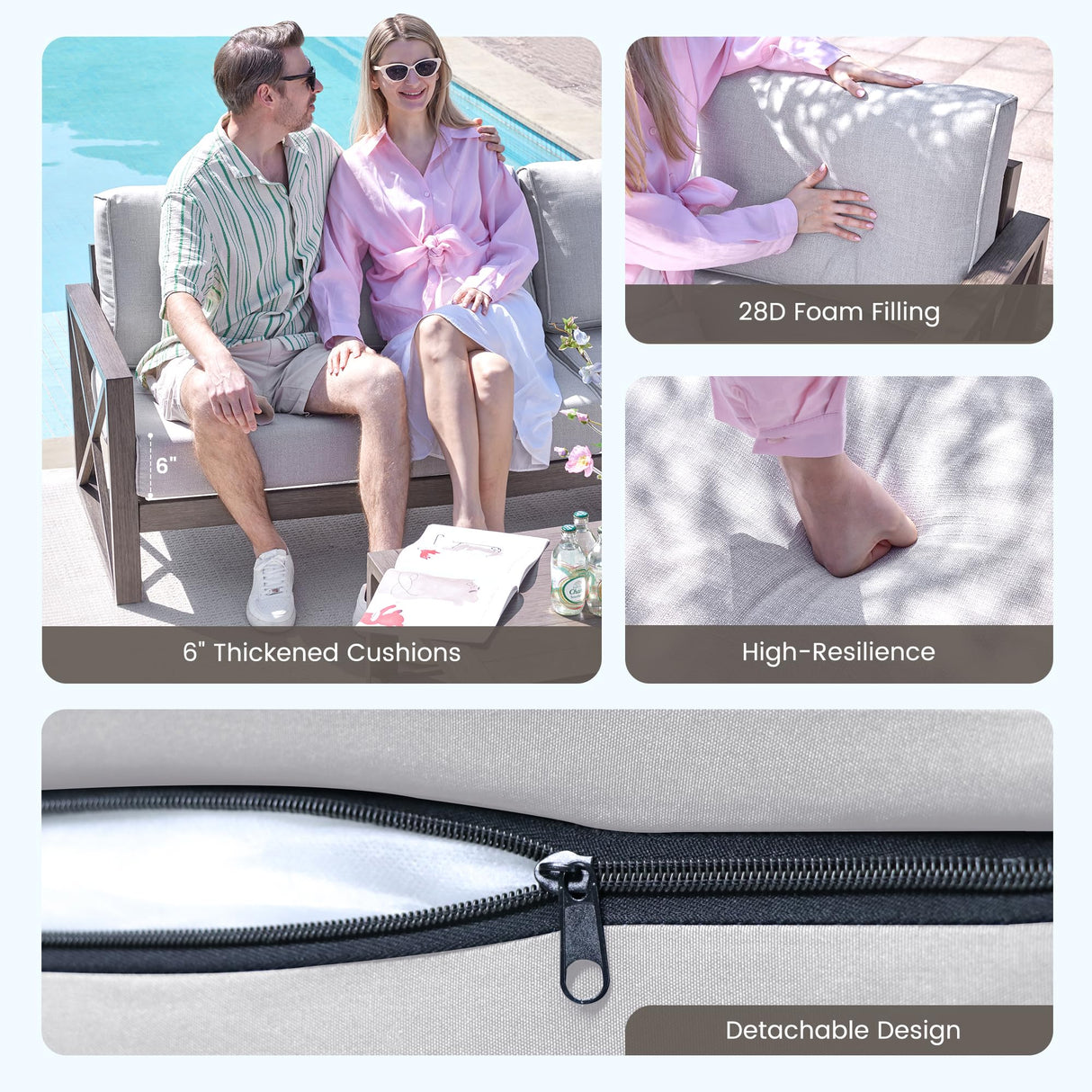 UDPATIO Patio Aluminum 3-Seat Couch, Faux Wood All-Weather Outdoor Furniture Sofa with 6” Water-Resistant OLEFIN Cushions and Rust-Proof Frame, Waterproof Cover Included, Beige UDPATIO