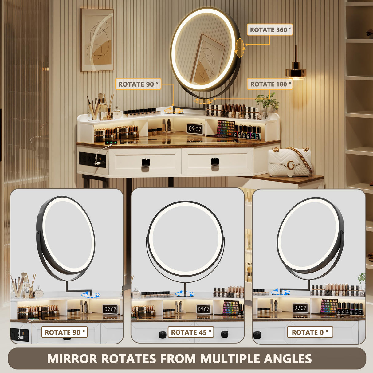 FREDEES Corner Vanity with Mirror and Lights,Modern Makeup Vanity Set with Charging Station for Bedroom/Cloakroom,Glass Top Vanity Table with Drawers and Shelves,White FREDEES