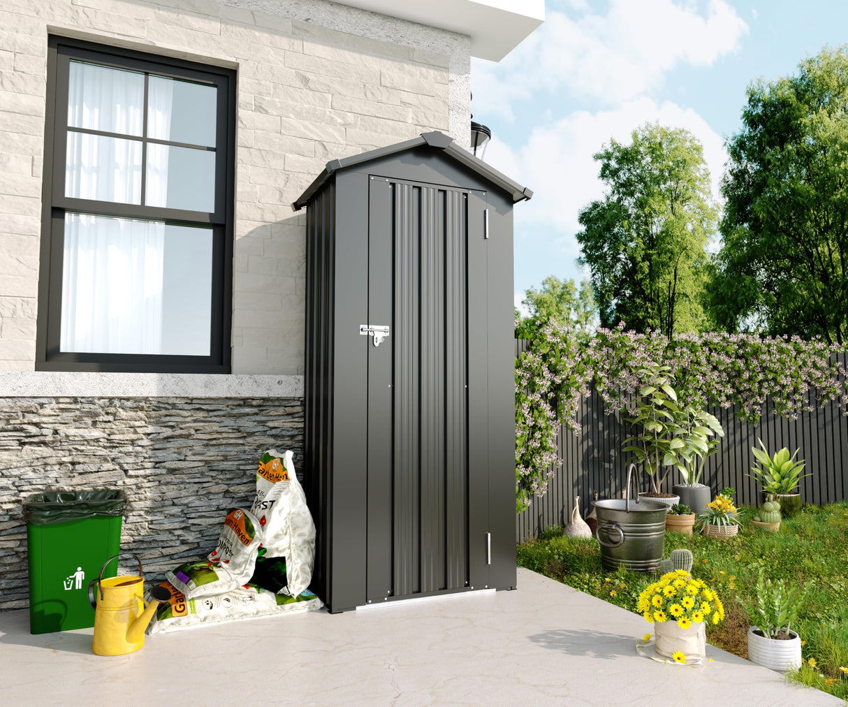 KEIKI Outdoor Storage Shed, 69.7''x16.9''x29.5'' Metal Tool Shed with Sloping Roof & Lockable Door, Small Shed, Top Tall Vertical Tool Cabinet for Backyard Garden Patio Lawn, Black KEIKI