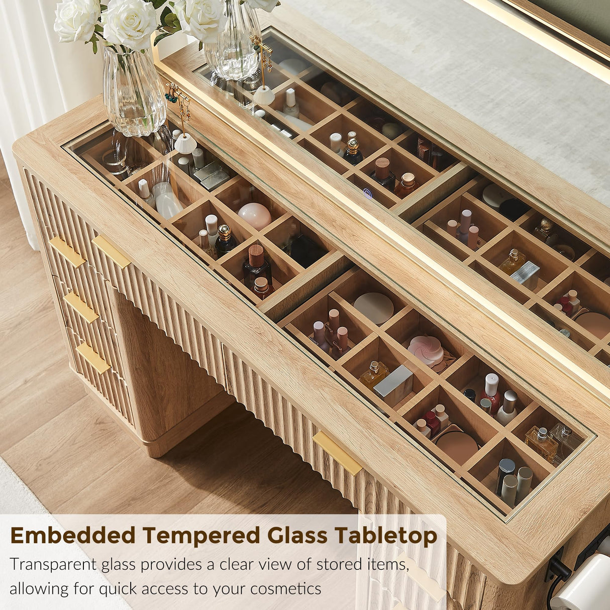 T4TREAM 48" Fluted Makeup Vanity Desk with Large Led Lighted Mirror, Modern Vanity Table with 8 Drawers & Charging Station, Glass Top Dressing Table for Bedroom, Natural Oak T4TREAM