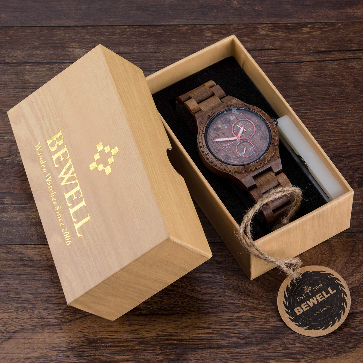 BEWELL Mens Wood Watch Quartz Analog Date Display Luminous Retro Handmade Wooden Wristwatch for Men (Walnut) BEWELL