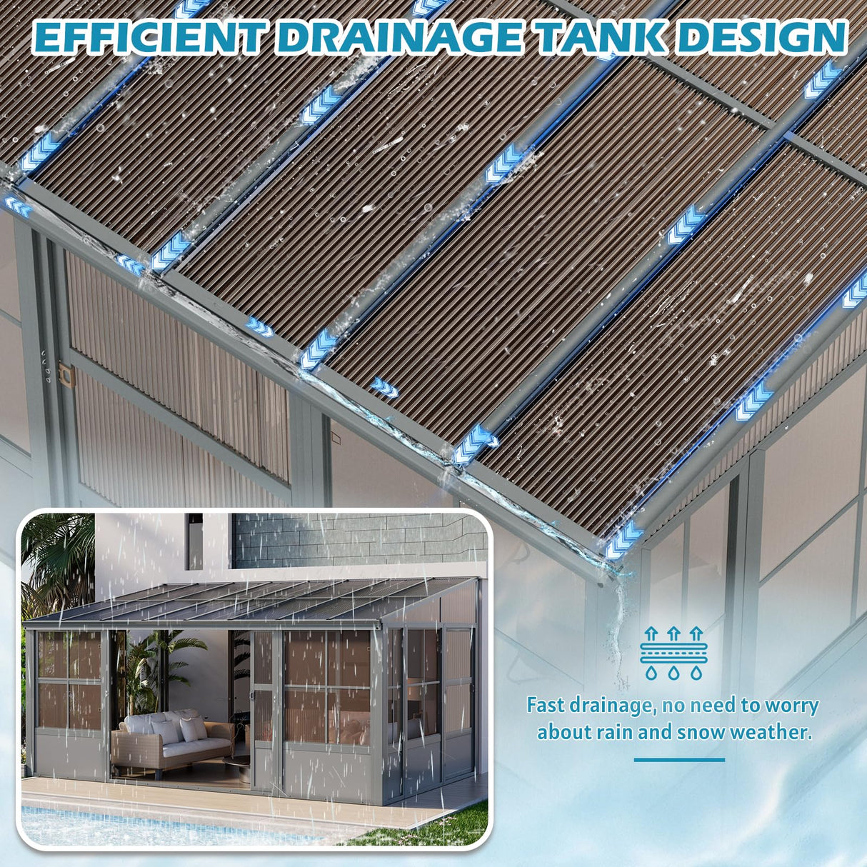 EROMMY 10' x 16' Sunroom, Wall Mounted Gazebo Solarium with Aluminum Frame, Polycarbonate Roof, Permanent Sun Room with Sliding Doors, Lockable PC Screen Walls, Lean to Gazebo for Garden, Patio, Grey EROMMY