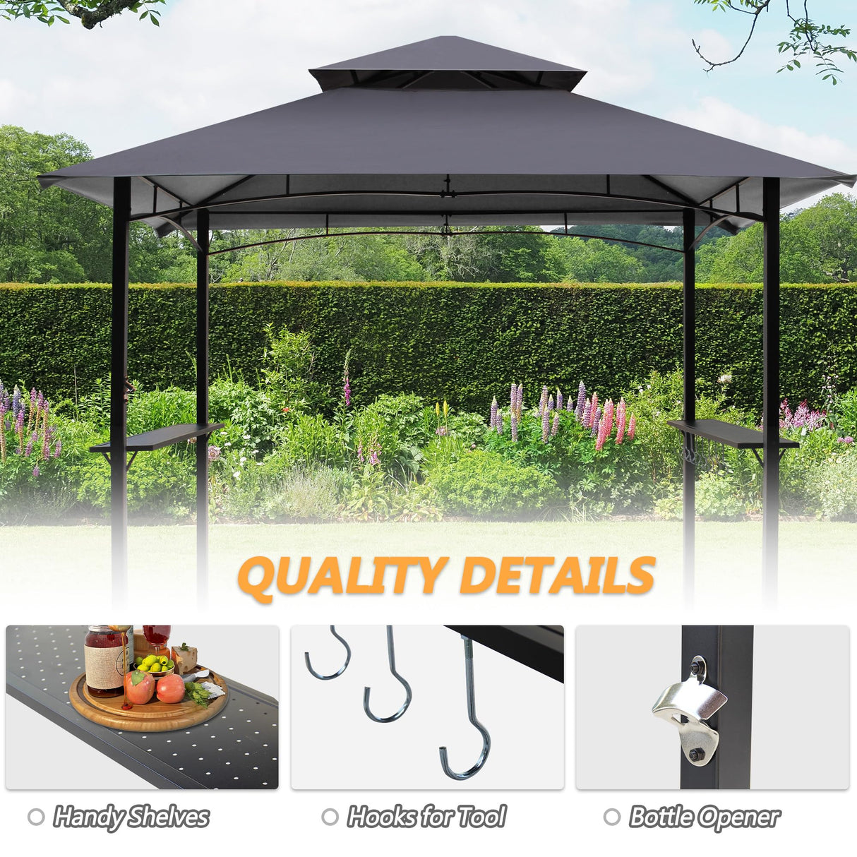 Raysfung 8'x 5' Grill Gazebo Canopy, Outdoor BBQ Gazebo with Led Light, Barbeque Gazebo Shelter for Patio (Grey) Raysfung